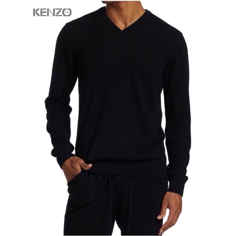 KENZO Homme Men’s Black Lightweight Silk Cashmere Blend V-Neck Basic Sweater L